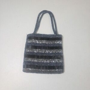 Indeed Compact Beaded Black Silver Evening Bag Striped Handled Snap Closure